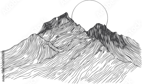 Line art of mountainous landscape with sun rising in the background. Vector illustration