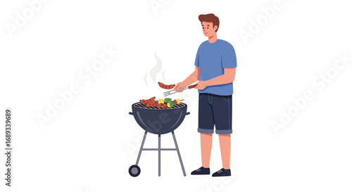 Man Grilling Sausages and Skewers on a Charcoal Grill.