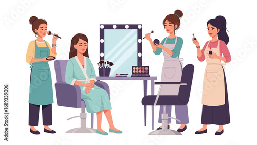 Professional makeup artists applying cosmetics to a client in a well lit beauty salon setting