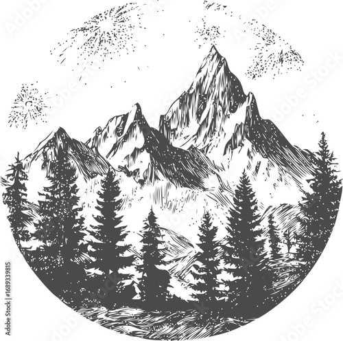 Black and white illustration of mountains and pine trees with fireworks. Vector illustration