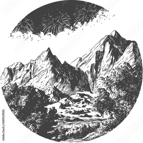 Monochrome landscape of mountains with trees and fireworks in the sky. Vector illustration