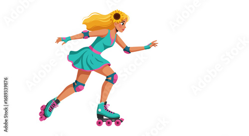 Cartoon Woman on Roller Skates with Sunflower Hair Accessory.