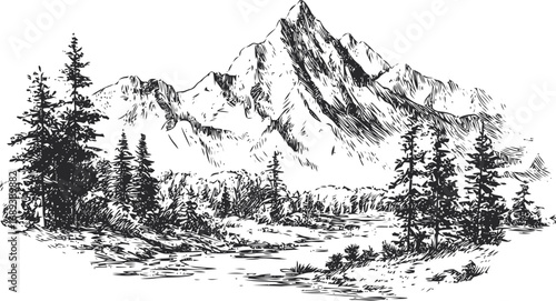 Black and white sketch of a mountain landscape with trees and river. Vector illustration