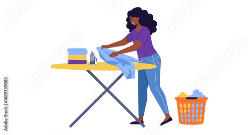 Woman ironing clothes on a yellow ironing board with laundry basket.