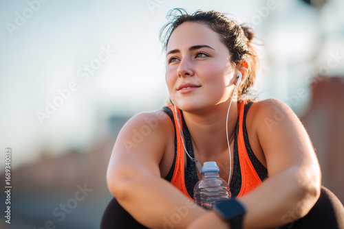 Happy young chubby woman sitting and relaxing after outdoor exercise. Healthy, loose weight concept