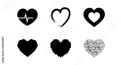 Diverse heart designs: creative black silhouette collection for modern projects