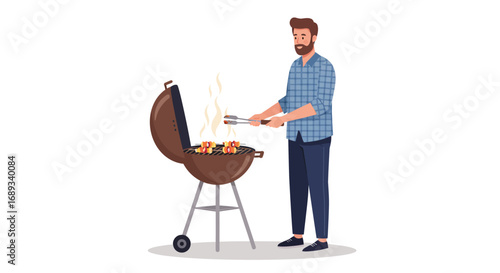 Man Grilling Skewers on a Brown Kettle Grill with Tongs.
