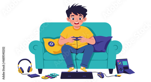 Boy Playing Video Games on Couch with Controller.
