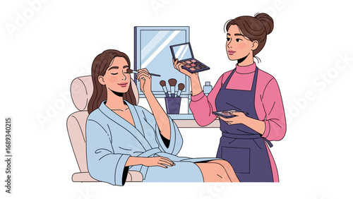 Professional makeup artist applying eye makeup to a client sitting in a salon chair with a mirror in the background