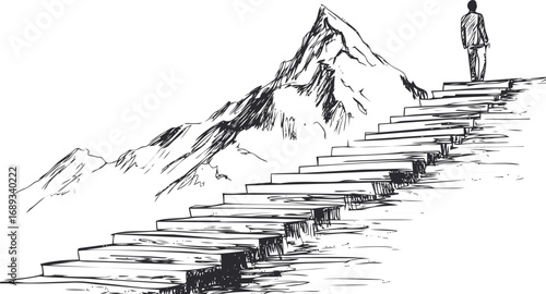 Person ascending steps towards majestic mountain peak in sketch illustration. Vector illustration