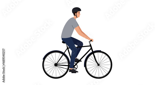 Man Riding a Bicycle with Helmet Side View.