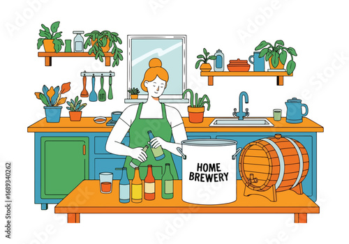 Flat Style vector illustration of a woman brewing beer at home, bottling craft beverages in a cozy kitchen with plants, home brewery equipment, and barrels, symbolizing DIY brewing and homemade drinks