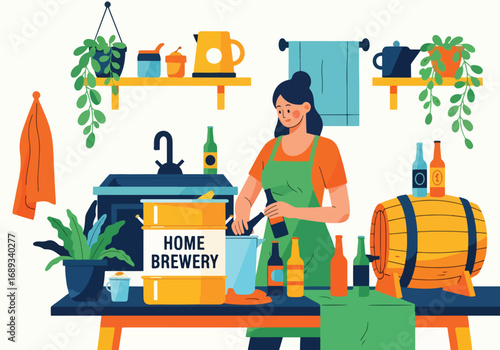 Flat Style vector illustration of a woman brewing beer at home, bottling craft beverages in a cozy kitchen with plants, home brewery equipment, and barrels, symbolizing DIY brewing and homemade drinks