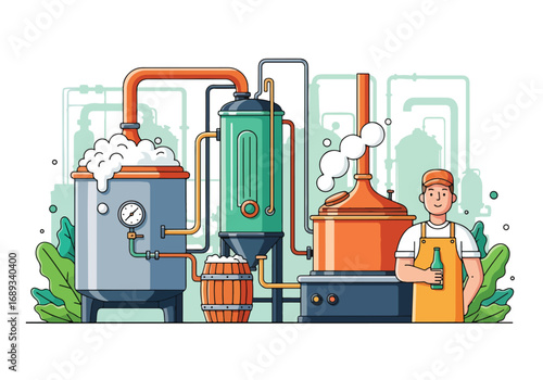 Flat style vector illustration of a brewer working with large brewing tanks, pipes, and equipment, holding a beer bottle, symbolizing craft beer production, brewery industry, and traditional brewing