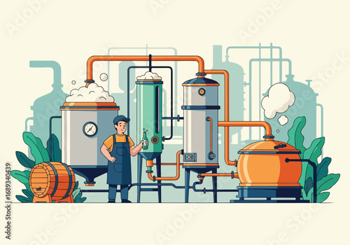 Flat style vector illustration of a brewer working with large brewing tanks, pipes, and equipment, holding a beer bottle, symbolizing craft beer production, brewery industry, and traditional brewing