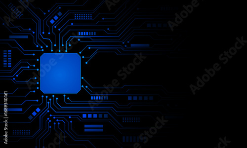 Abstract blue circuit board technology connected lines electronics elements computer motherboard chip processor semiconductor digital on black background vector