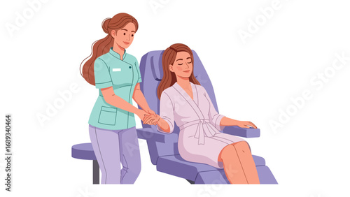Nurse administering intravenous infusion to patient seated in medical recliner chair
