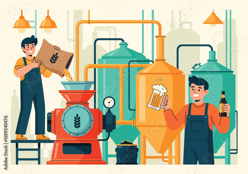 Flat style vector illustration of brewers working with brewing equipment, pouring grains and holding frothy beer mugs, symbolizing beer production, craft brewing, Oktoberfest, and traditional brewery