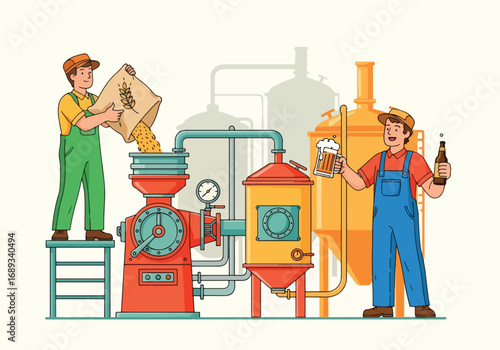 Flat style vector illustration of brewers working with brewing equipment, pouring grains and holding frothy beer mugs, symbolizing beer production, craft brewing, Oktoberfest, and traditional brewery