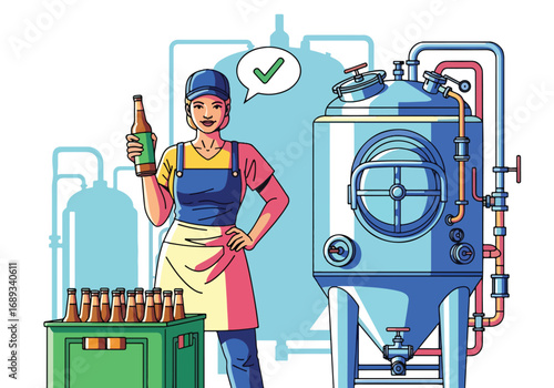 Flat style vector illustration of a female brewer holding a beer bottle beside brewing tanks, symbolizing beer production, craft brewing, brewery industry, and modern beer culture
