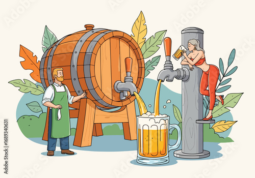 Flat style vector illustration of a brewer filling frothy beer mugs from a giant barrel while a woman enjoys her drink, symbolizing brewing, beer culture, Oktoberfest, and festive celebration