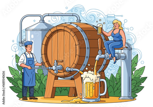 Flat style vector illustration of a brewer filling frothy beer mugs from a giant barrel while a woman enjoys her drink, symbolizing brewing, beer culture, Oktoberfest, and festive celebration