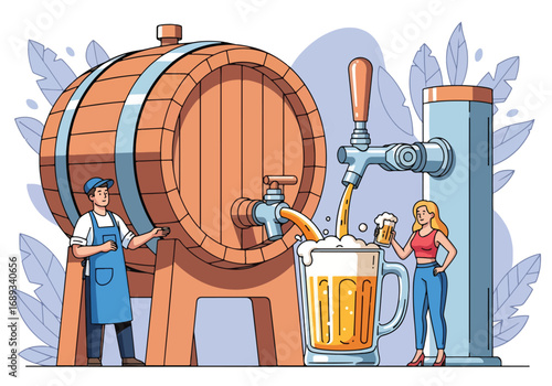 Flat style vector illustration of a brewer filling frothy beer mugs from a giant barrel while a woman enjoys her drink, symbolizing brewing, beer culture, Oktoberfest, and festive celebration