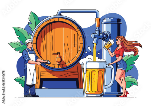Flat style vector illustration of a brewer filling frothy beer mugs from a giant barrel while a woman enjoys her drink, symbolizing brewing, beer culture, Oktoberfest, and festive celebration
