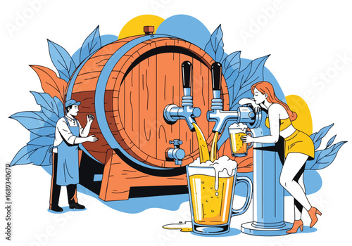 Flat style vector illustration of a brewer filling frothy beer mugs from a giant barrel while a woman enjoys her drink, symbolizing brewing, beer culture, Oktoberfest, and festive celebration