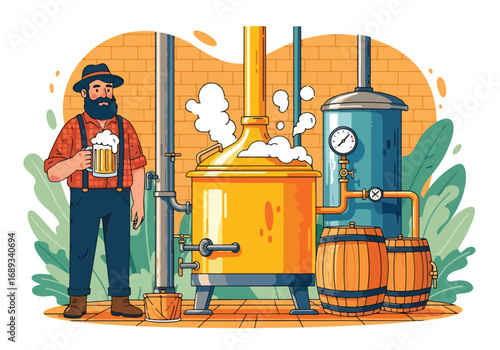 Flat style vector illustration of a brewer holding a frothy beer mug beside brewing equipment and barrels, symbolizing beer production, craft brewing, Oktoberfest, and traditional beer culture
