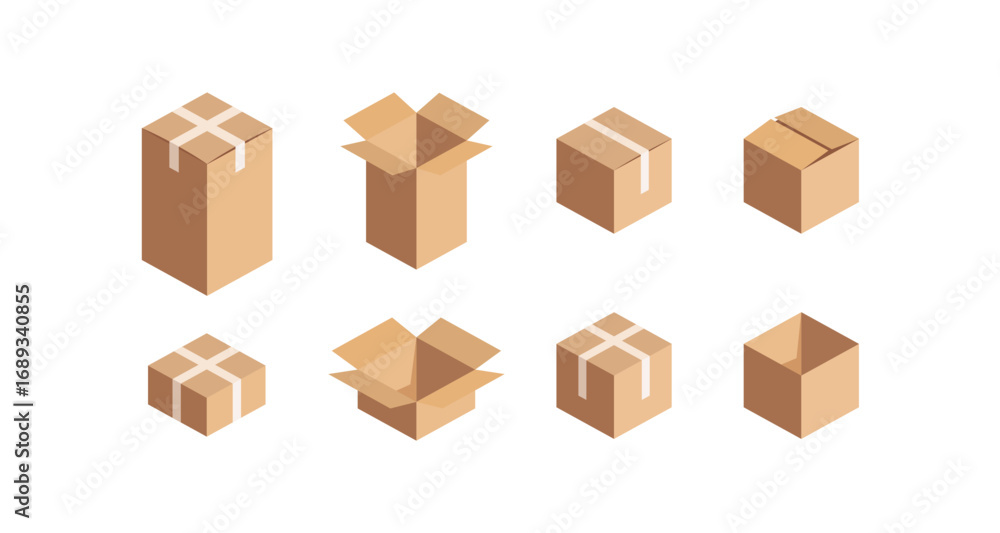 Fototapeta premium Set of cardboard boxes in various open and closed configurations on white background