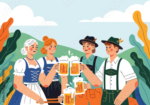 Flat style vector illustration of friends in traditional Bavarian outfits clinking frothy beer mugs outdoors, symbolizing Oktoberfest, German culture, celebration, and festive beer traditions