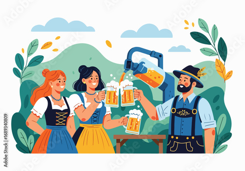 Flat style vector illustration of friends in traditional Bavarian outfits clinking frothy beer mugs outdoors, symbolizing Oktoberfest, German culture, celebration, and festive beer traditions