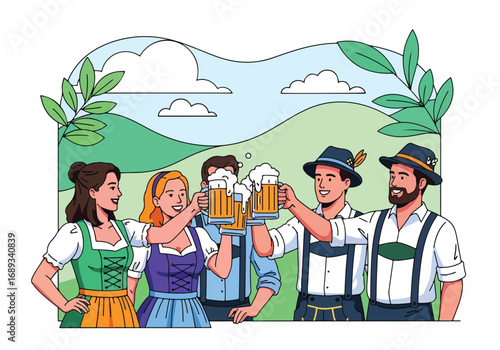 Flat style vector illustration of friends in traditional Bavarian outfits clinking frothy beer mugs outdoors, symbolizing Oktoberfest, German culture, celebration, and festive beer traditions