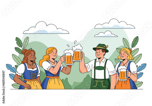 Flat style vector illustration of friends in traditional Bavarian outfits clinking frothy beer mugs outdoors, symbolizing Oktoberfest, German culture, celebration, and festive beer traditions