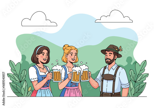 Flat style vector illustration of friends in traditional Bavarian outfits clinking frothy beer mugs outdoors, symbolizing Oktoberfest, German culture, celebration, and festive beer traditions