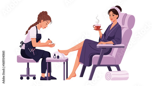 Relaxing pedicure experience woman enjoys a beverage while technician applies nail polish