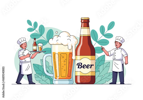 Flat style Cartoon illustration of chefs serving frothy beer mugs and a large beer bottle, symbolizing brewing, gastronomy, pub culture, and festive celebration of food and drinks