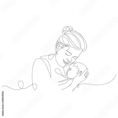 Single line art of a mother holding her baby close with tenderness infant child
