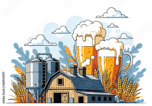 Cartoon illustration of a brewery with factory, silos, wheat, hops, and giant frothy beer mugs, symbolizing beer production, brewing tradition, Oktoberfest, and craft beer culture