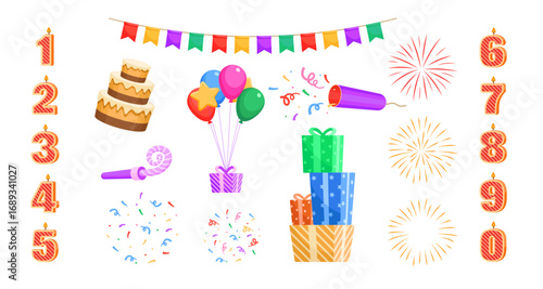 Festive party elements with balloons, cake, and colorful decorations celebration kit
