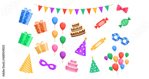 Colorful birthday party elements with gifts, balloons, and decorations