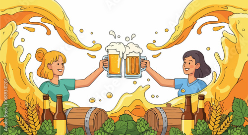 Cartoon illustration of two women toasting with frothy beer mugs, surrounded by barrels, hops, wheat, and beer splash, celebration, Oktoberfest, brewing culture, and festive beer advertising