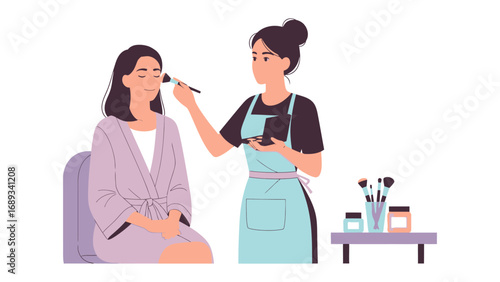 Professional makeup artist applying cosmetics to a client s face with brushes and tools