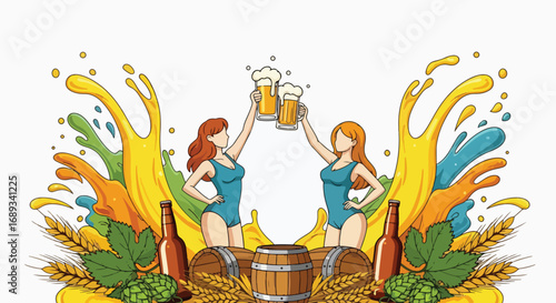 Cartoon illustration of two women toasting with frothy beer mugs, surrounded by barrels, hops, wheat, and beer splash, celebration, Oktoberfest, brewing culture, and festive beer advertising