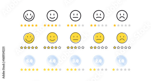 User rating icons: smiley faces with star ratings in linear and flat styles
