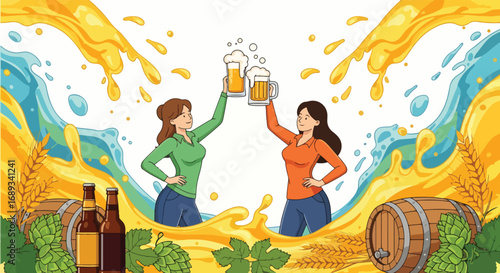 Cartoon illustration of two women toasting with frothy beer mugs, surrounded by barrels, hops, wheat, and beer splash, celebration, Oktoberfest, brewing culture, and festive beer advertising