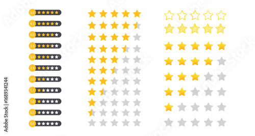 Star rating icons set for reviews and feedback with gold and gray styles