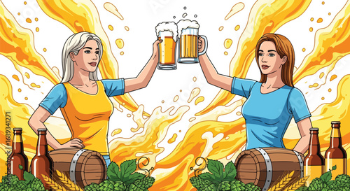 Cartoon illustration of two women toasting with frothy beer mugs, surrounded by barrels, hops, wheat, and beer splash, celebration, Oktoberfest, brewing culture, and festive beer advertising