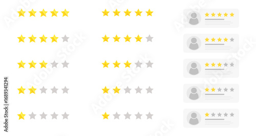 Customer review ratings with star icons and user feedback elements in flat design